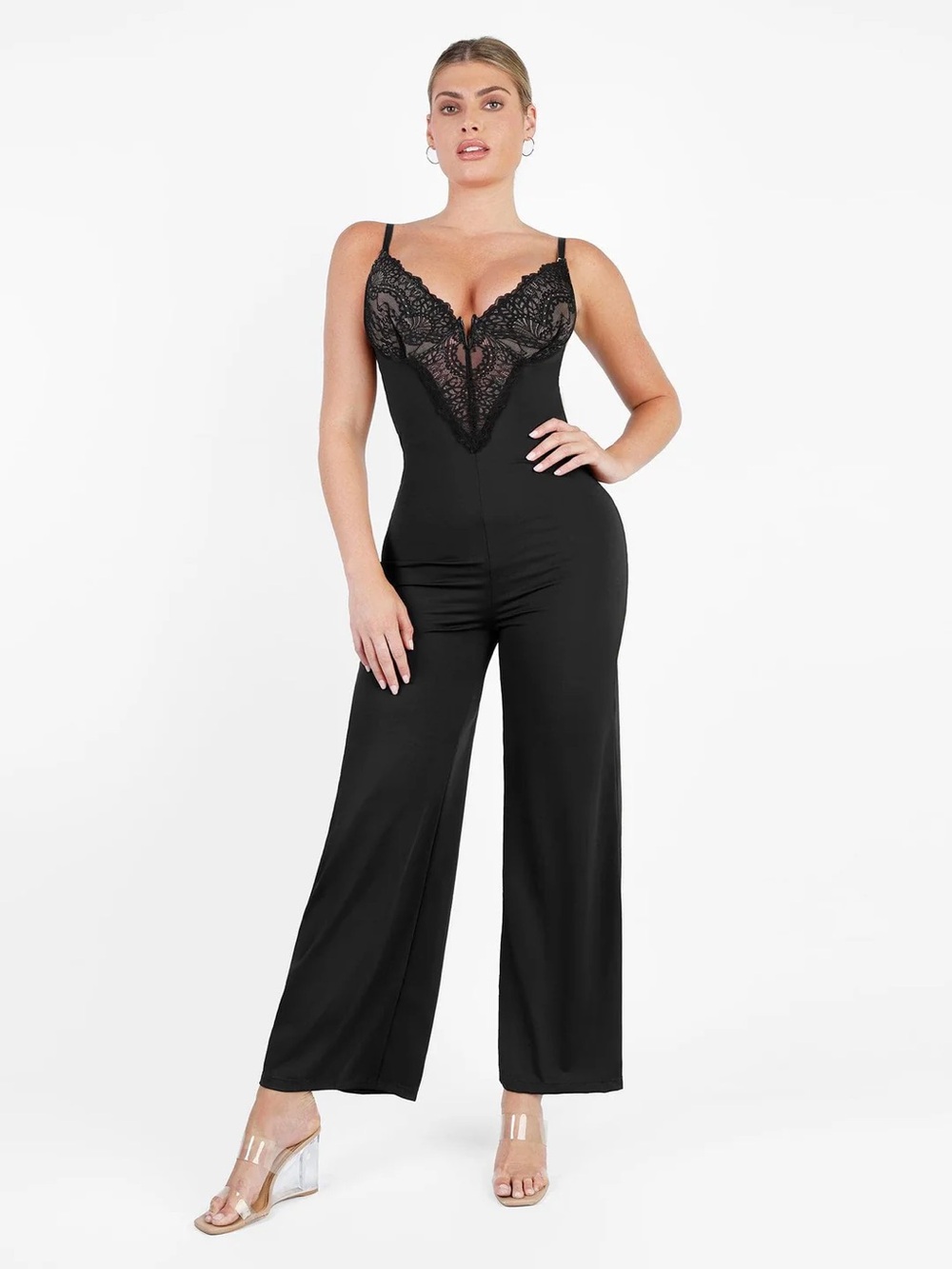 Popilush lace deep V-neck shapewear wide leg jumpsuit